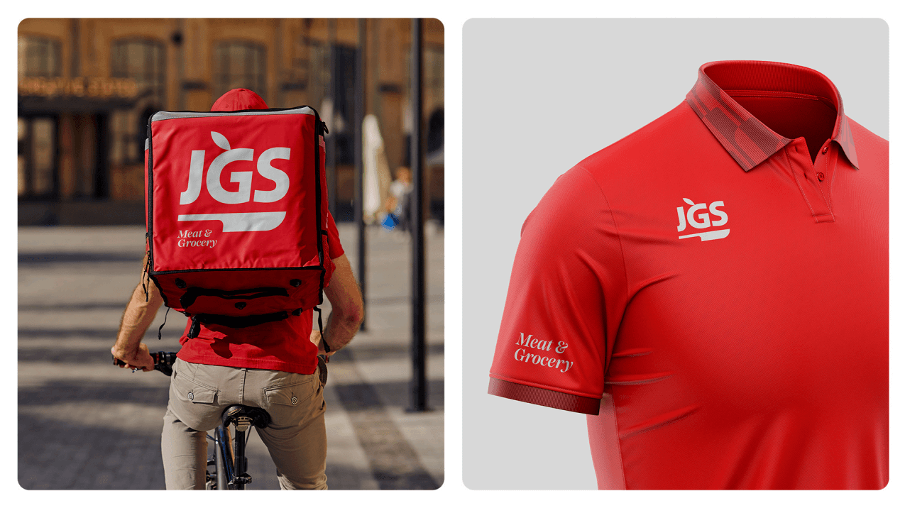 Uniform mockups: a courier carrying a red JGS delivery backpack, and a branded red polo shirt