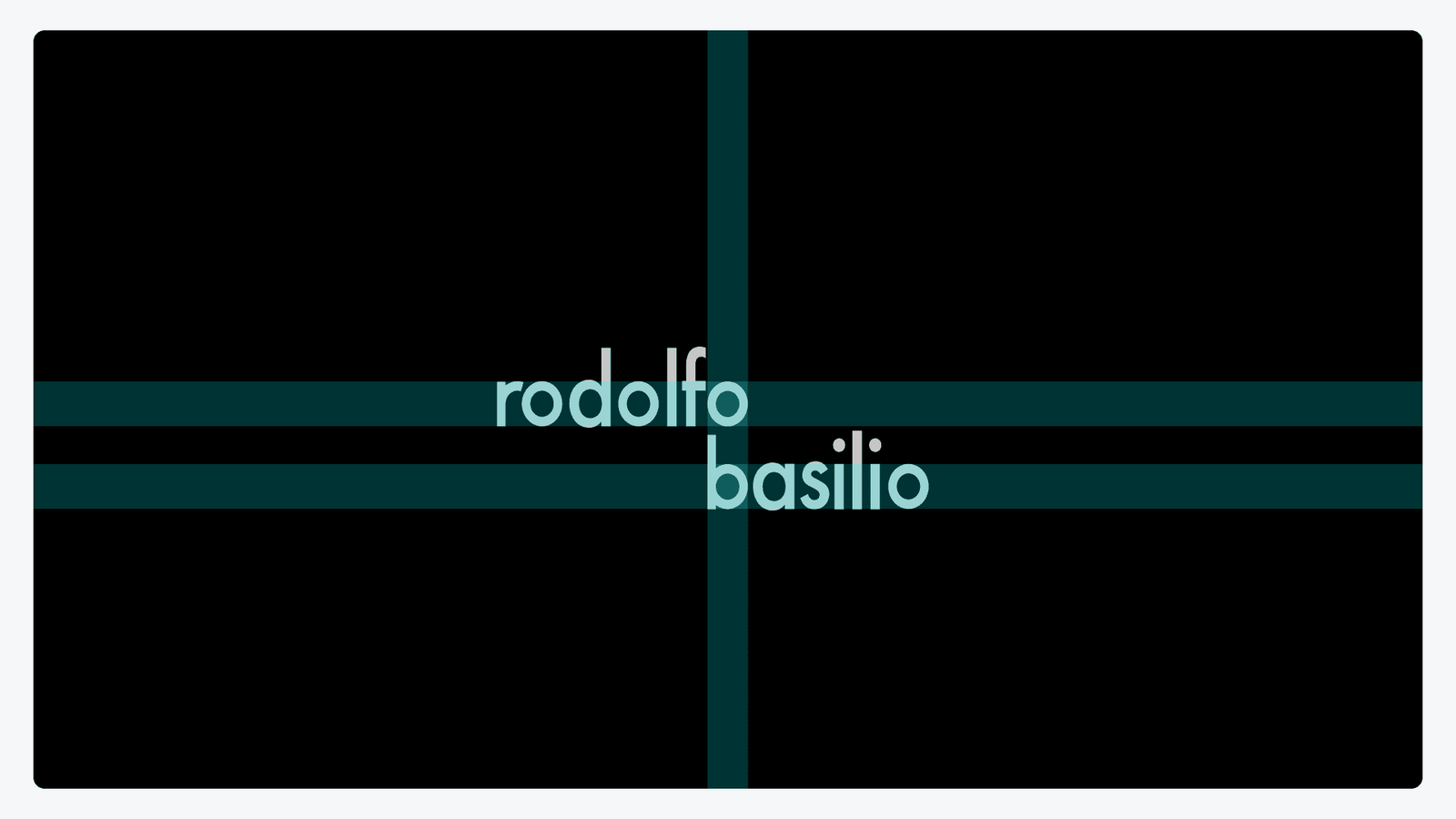 The stacked rodolfo basilio wordmark on black, aligned to a teal construction grid