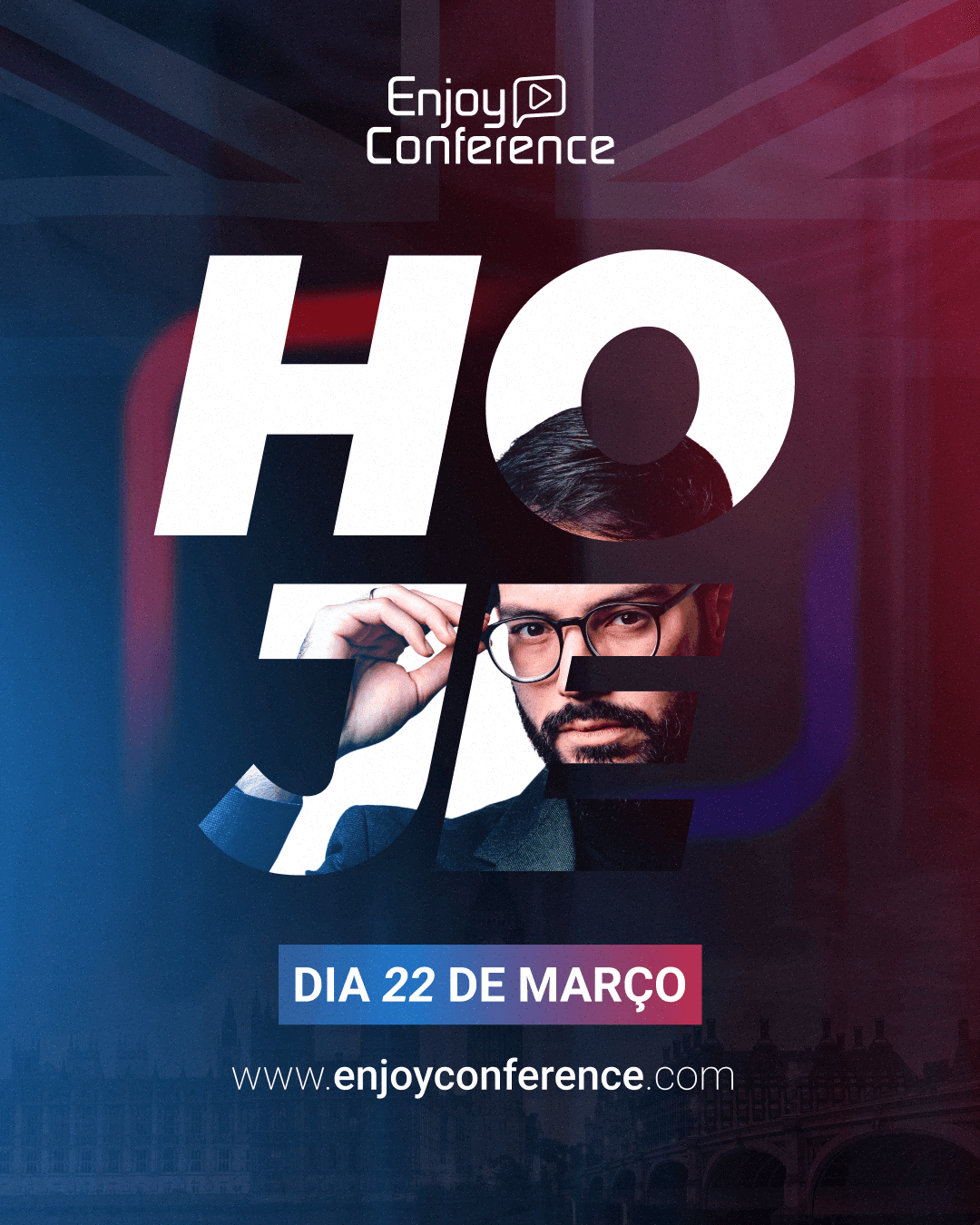 Countdown graphic reading HOJE, marking the day of the conference