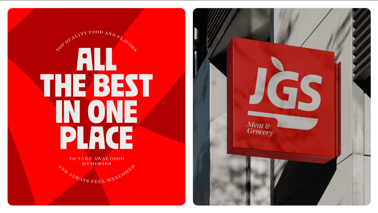 A red poster reading All The Best In One Place, beside a projecting JGS shop sign
