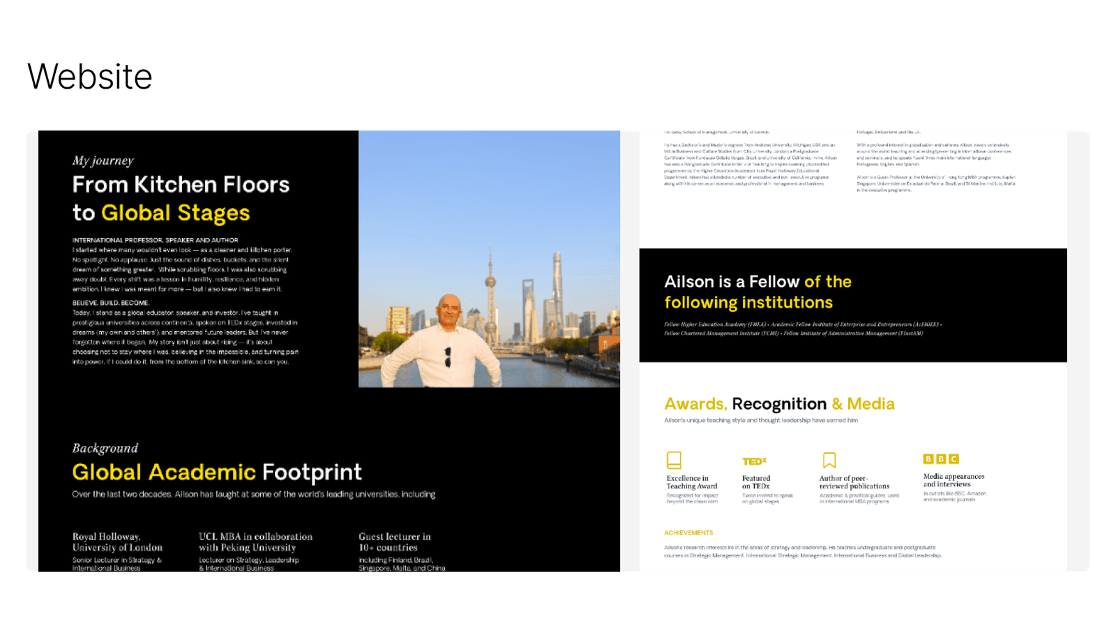 A website page titled From Kitchen Floors to Global Stages, setting out his global academic footprint