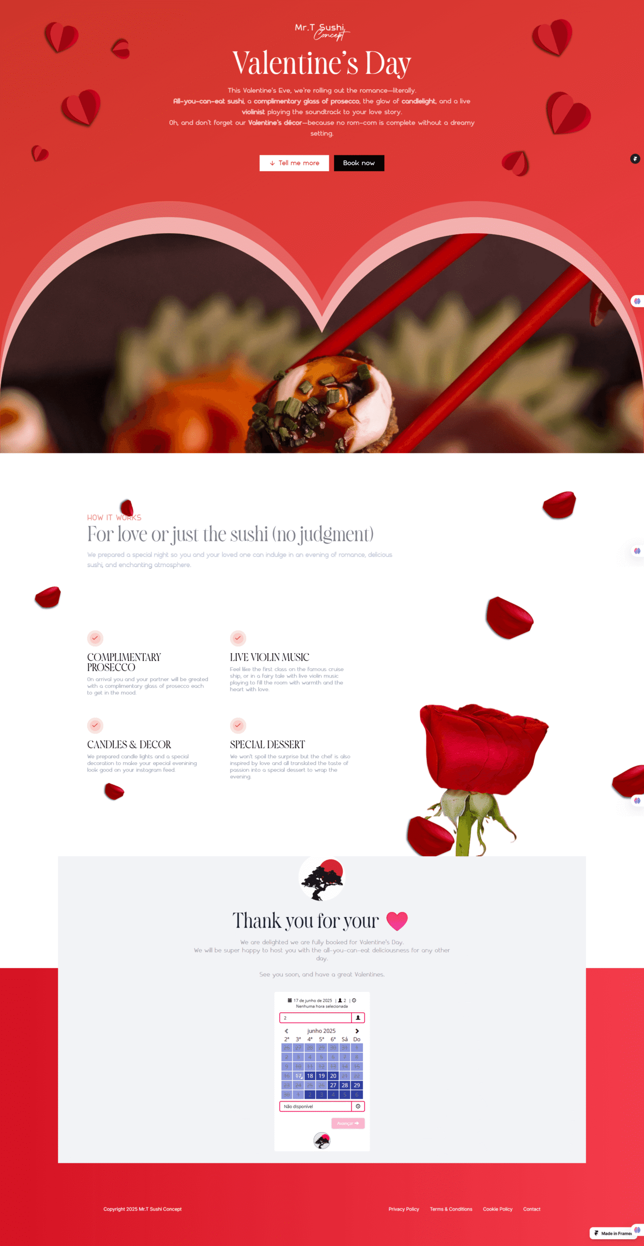 A Valentine's Day landing page design for Mr. T Sushi, in red with a booking form