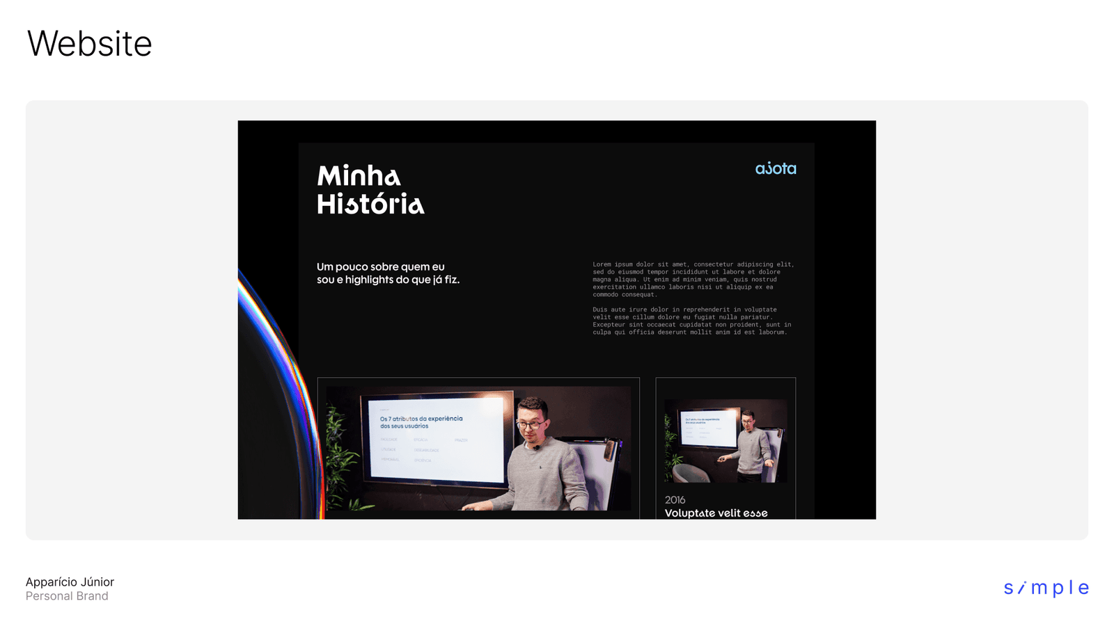 A website page headed Minha Historia, telling his personal story