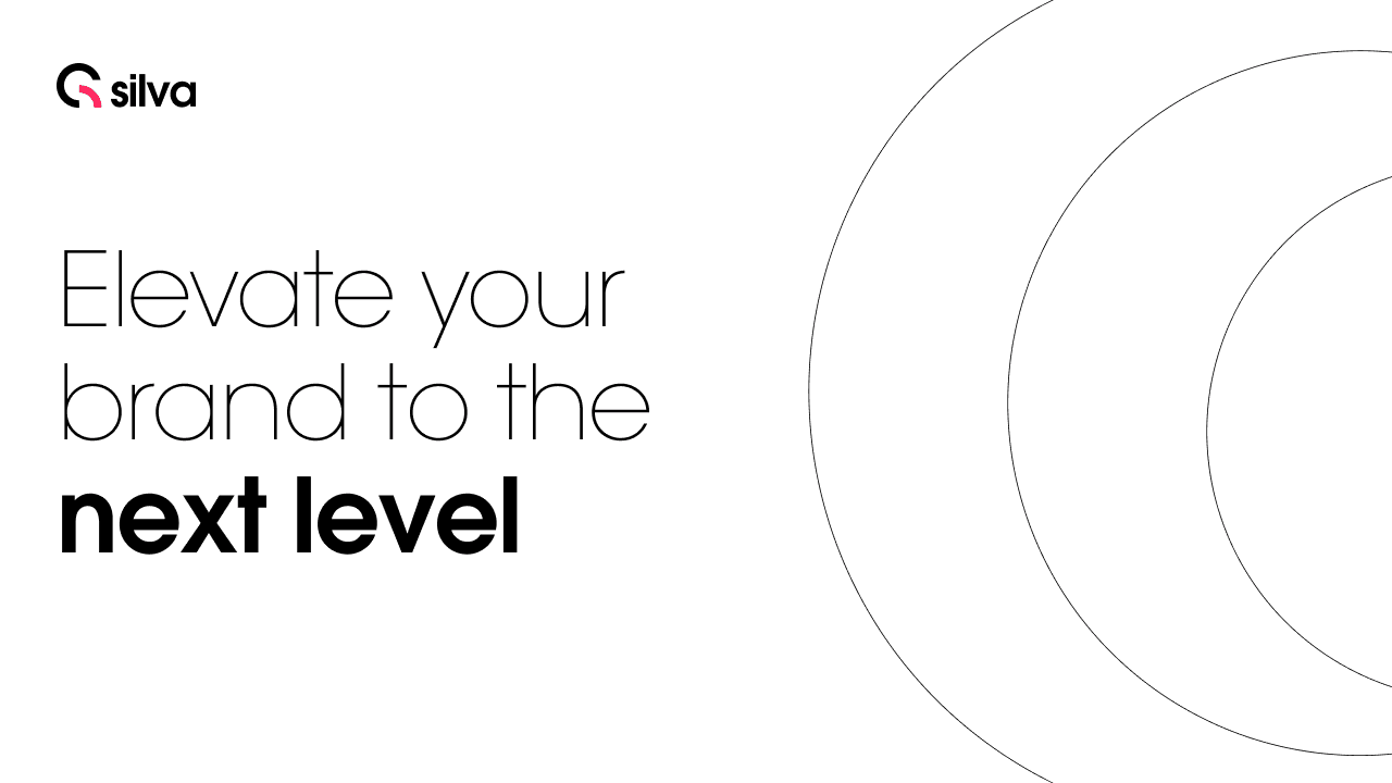 A white poster reading Elevate your brand to the next level, with faint concentric arcs behind the type