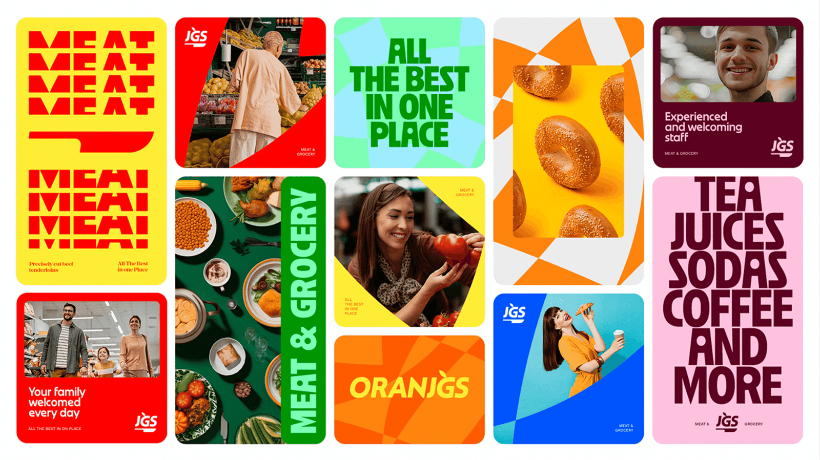 A grid of campaign layouts combining food photography, customer portraits and bold typographic posters
