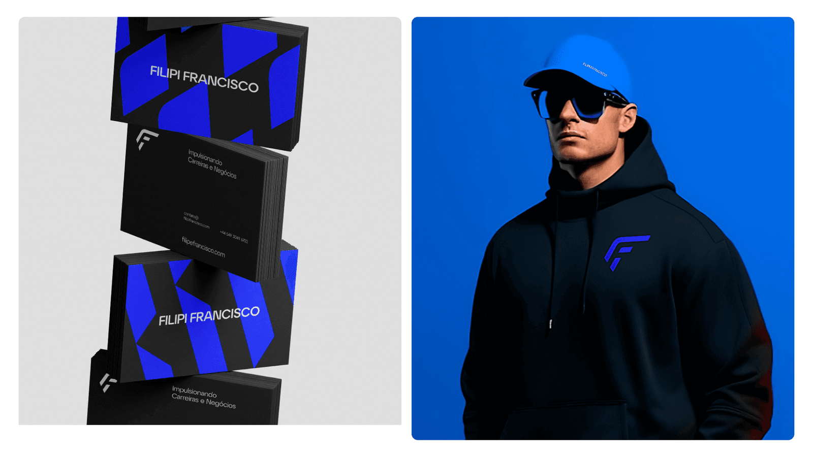 Branded business cards in black and blue, beside a man wearing a navy hoodie carrying the F symbol