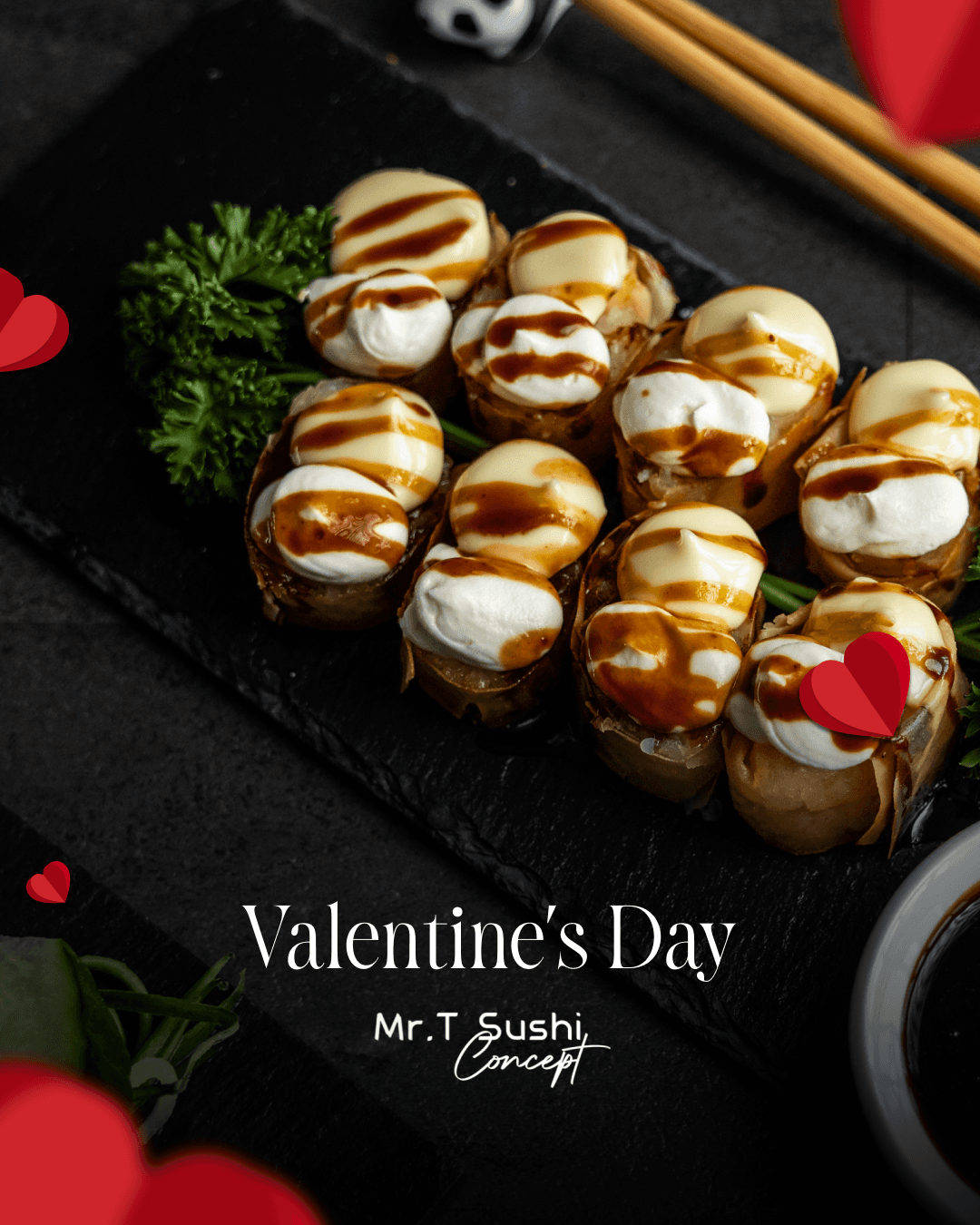A Valentine's Day post showing glazed dessert sushi scattered with red hearts
