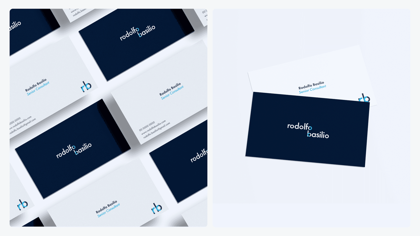 A mockup of the printed business cards stacked and fanned, navy and white