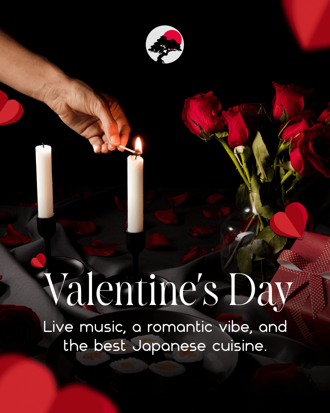 A Valentine's Day post showing a hand lighting candles beside red roses