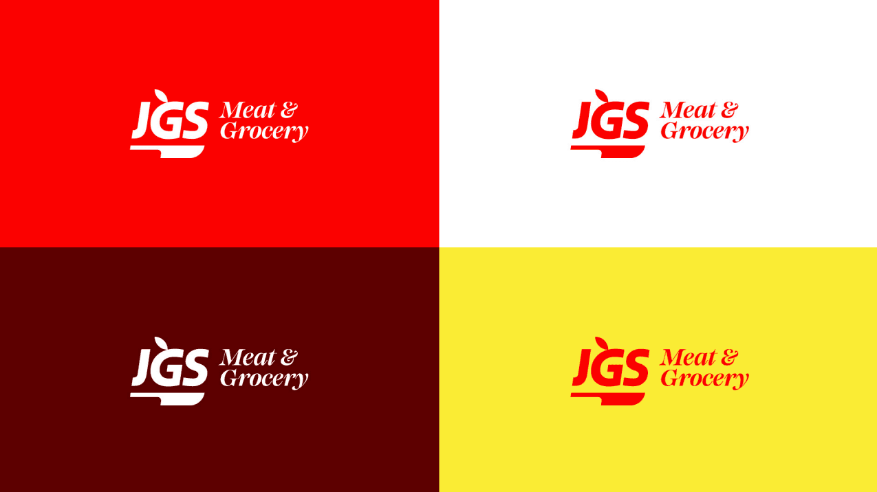 The JGS Meat and Grocery lockup shown four ways: on red, white, dark red and yellow