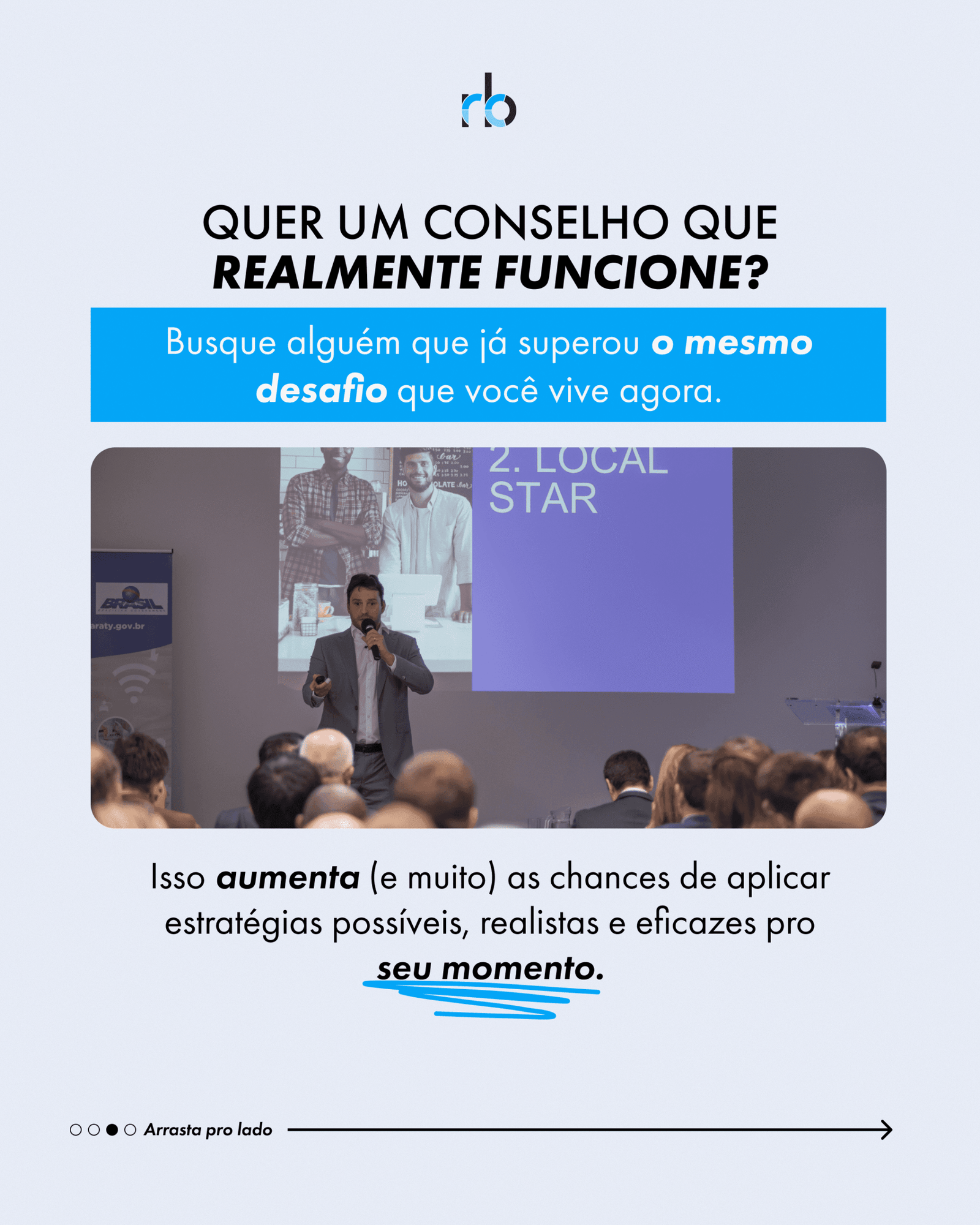 A carousel slide on finding advice that actually works, illustrated with a photograph of a speaker addressing an audience