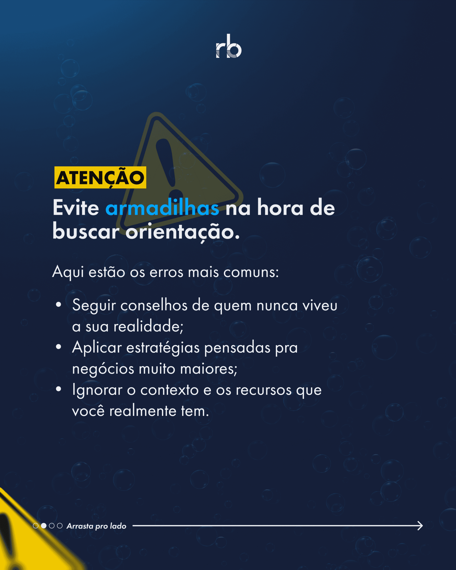 A navy carousel slide listing common traps to avoid when seeking business advice, marked with a warning triangle