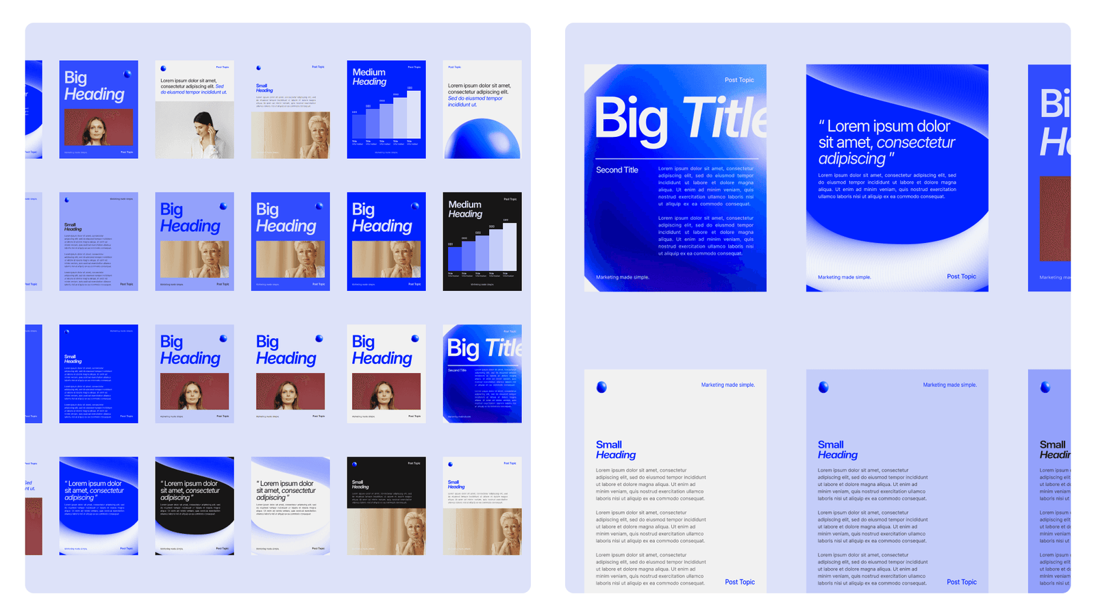 A grid of social and editorial template layouts built from the blue and white identity system