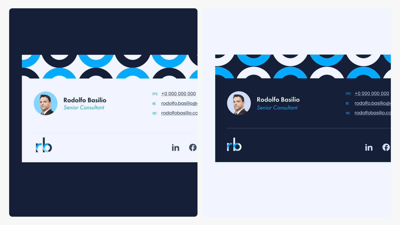 Business card designs front and back in navy and white, carrying a portrait, contact details and the rb monogram