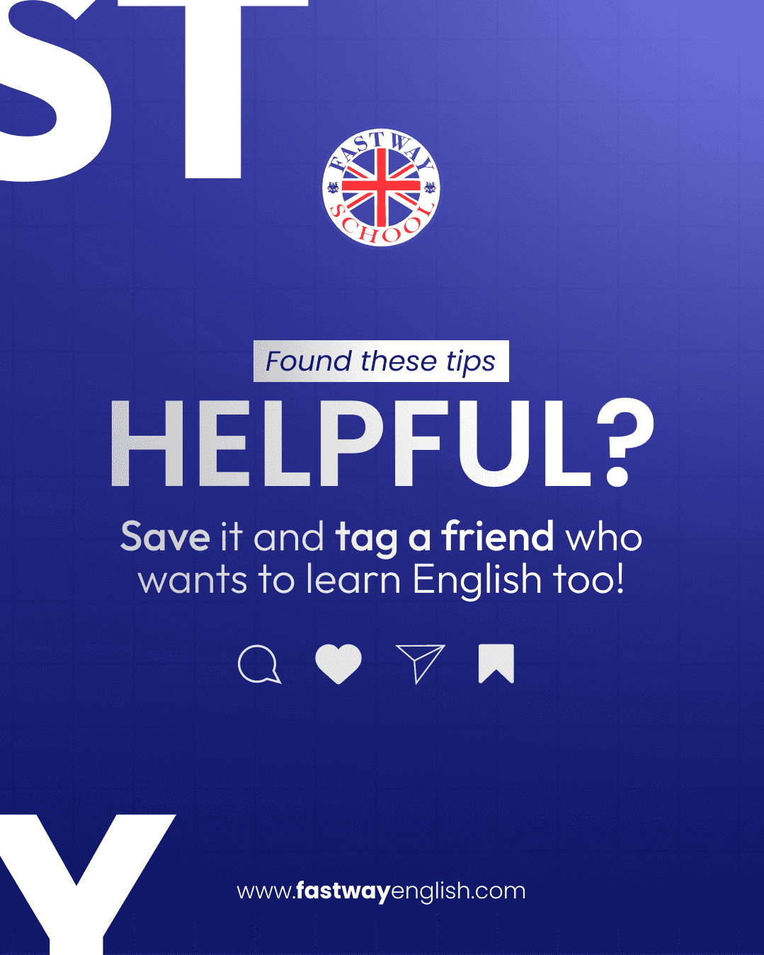 A blue call-to-action post asking whether the tips were helpful and inviting readers to save it and tag a friend
