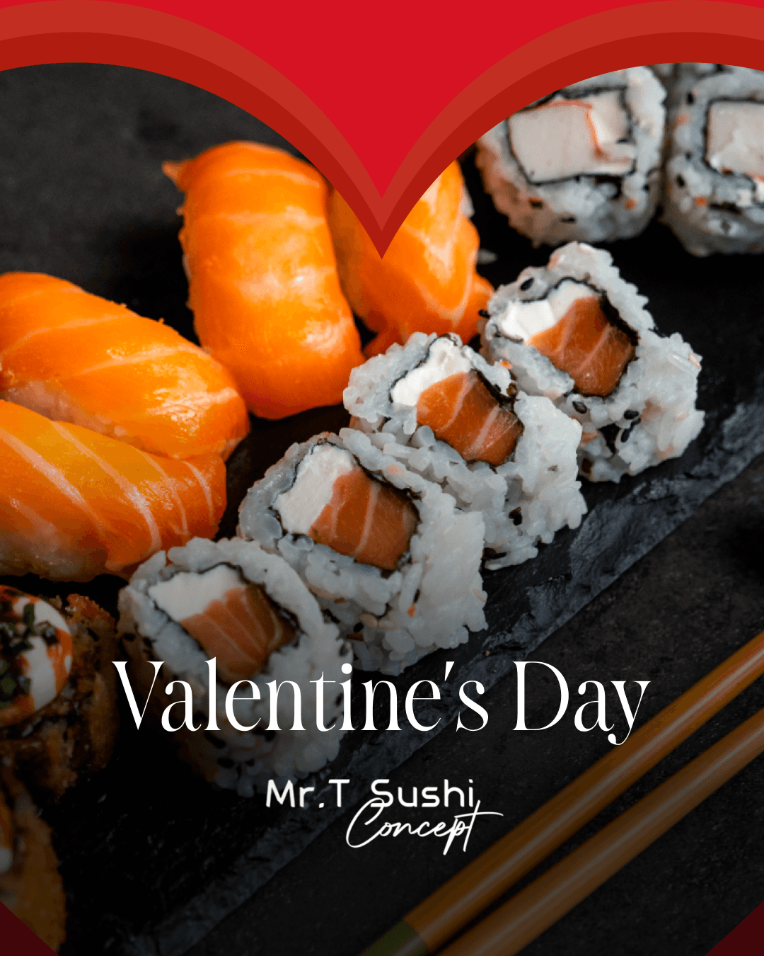 A Valentine's Day post showing salmon nigiri and rolls against a red heart backdrop