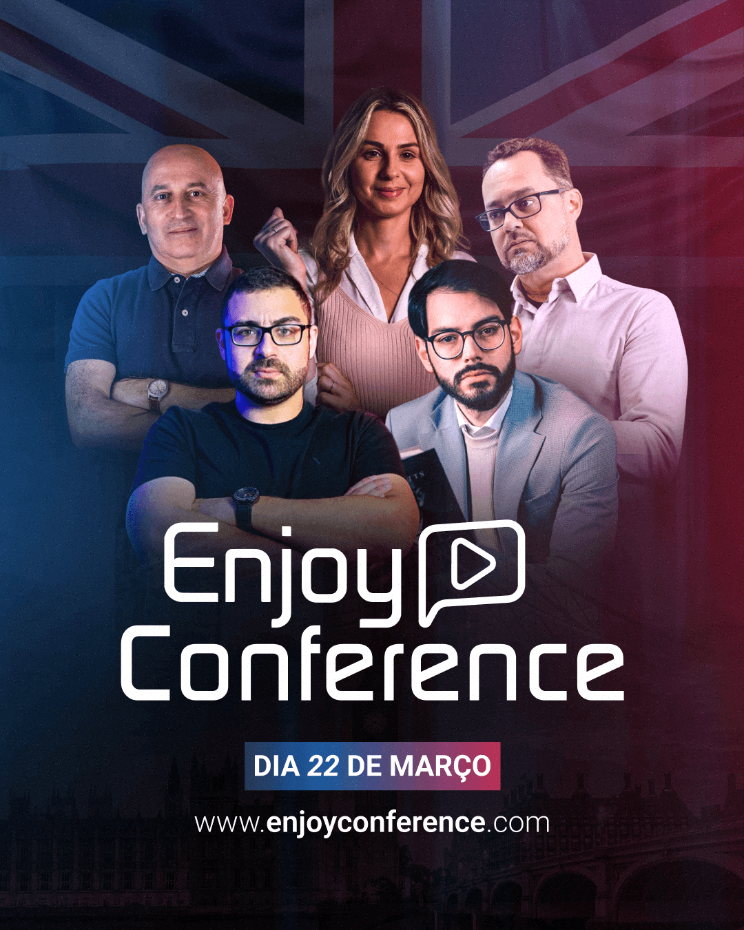 Line-up graphic showing the full speaker group beneath the Enjoy Conference logo