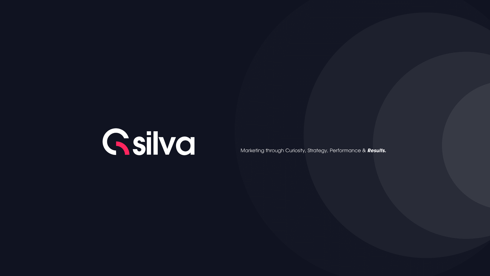 A dark brand slide pairing the G Silva logo with the strapline Marketing through Curiosity, Strategy, Performance and Results
