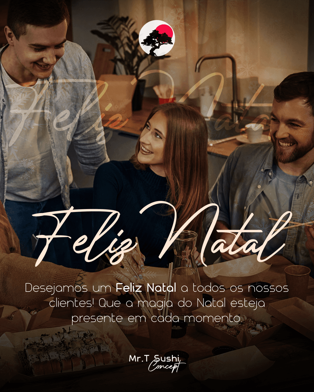 A Christmas post reading Feliz Natal, over a photograph of friends celebrating together
