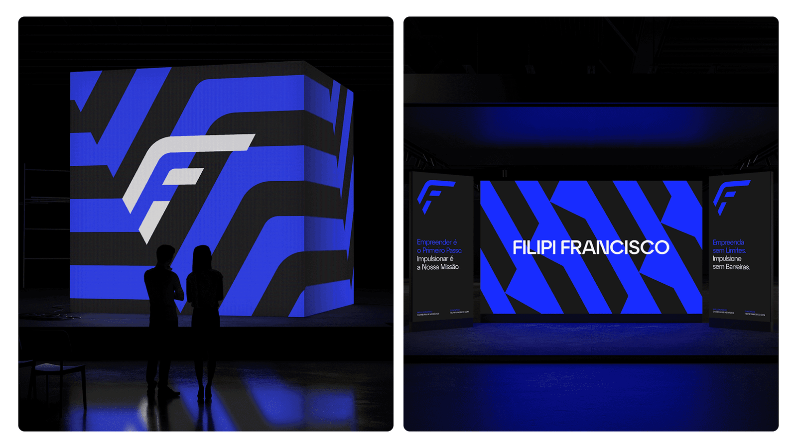 Environmental graphics: the F monogram rendered large across a dark wall in blue
