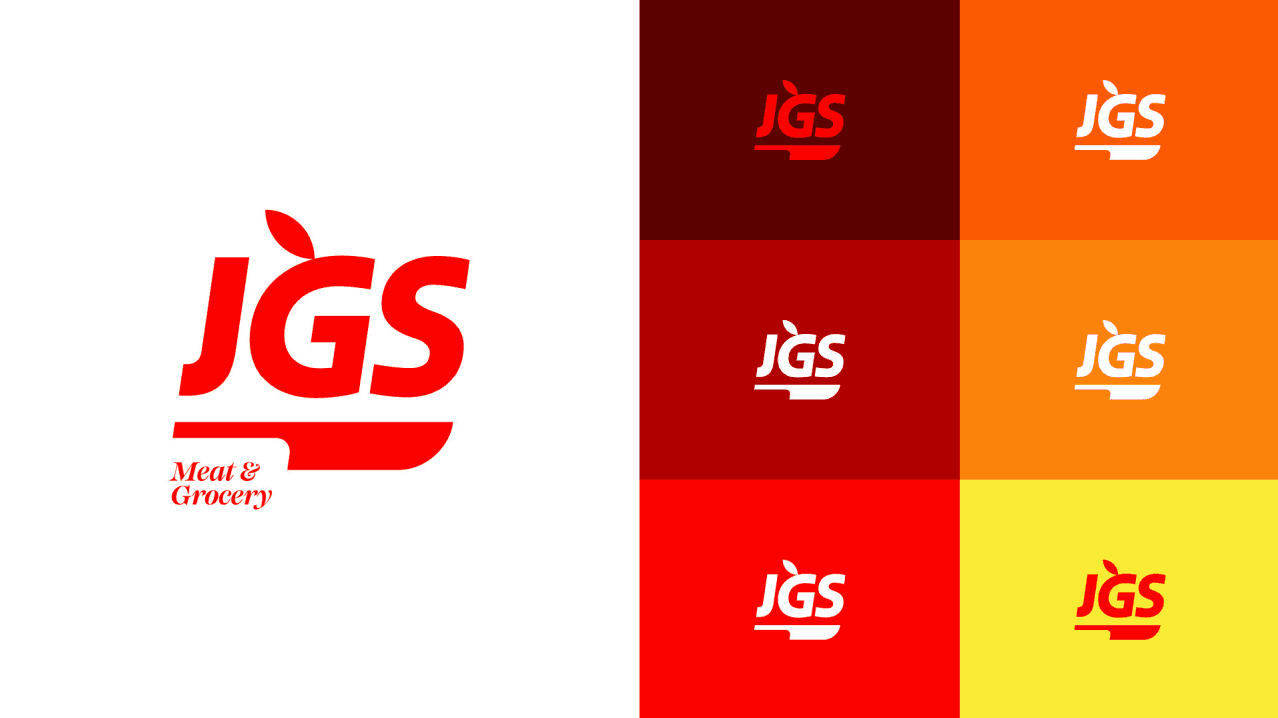 The JGS logo in red on white beside a grid of red, orange and yellow colourway tiles