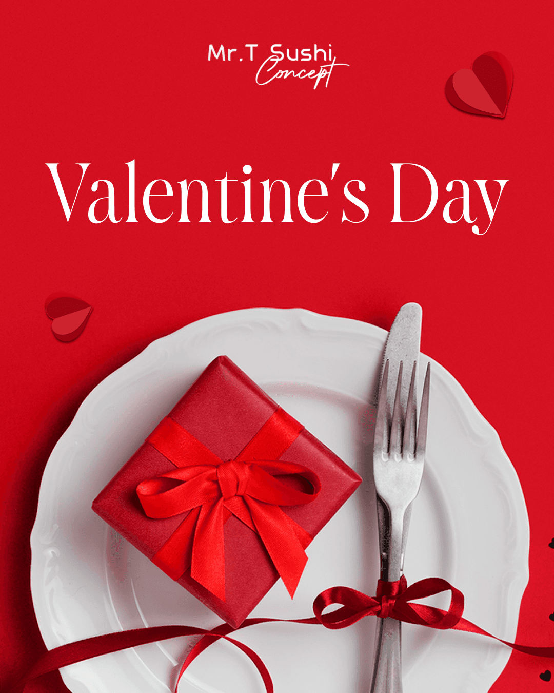 A Valentine's Day post showing a red ribboned gift box on a plate beside cutlery