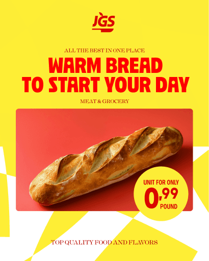 A yellow promotional poster for warm bread at 99 pence a pound, with a photographed baguette