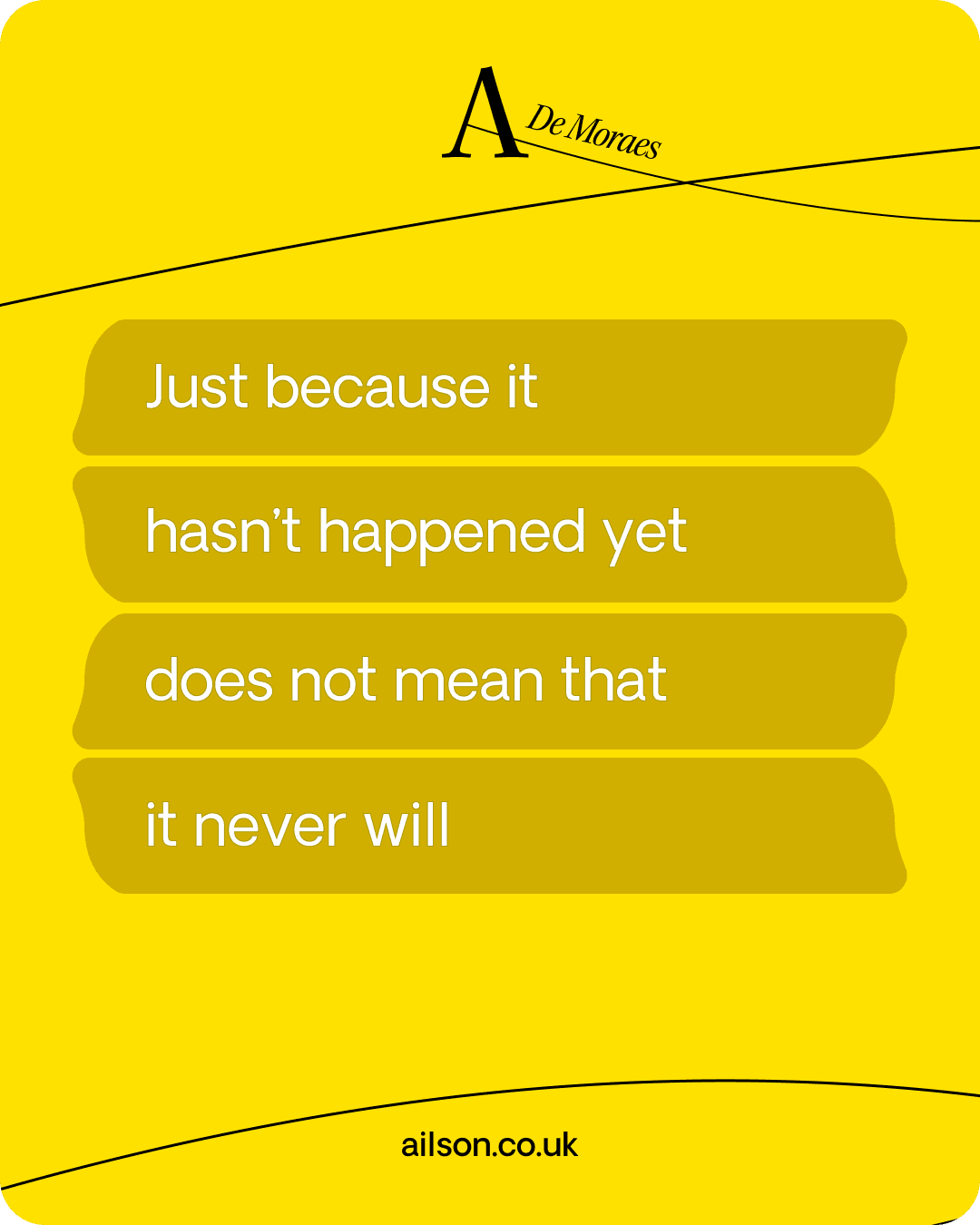 A yellow post carrying the same message, Just because it hasn't happened yet does not mean that it never will, set in stacked speech bars