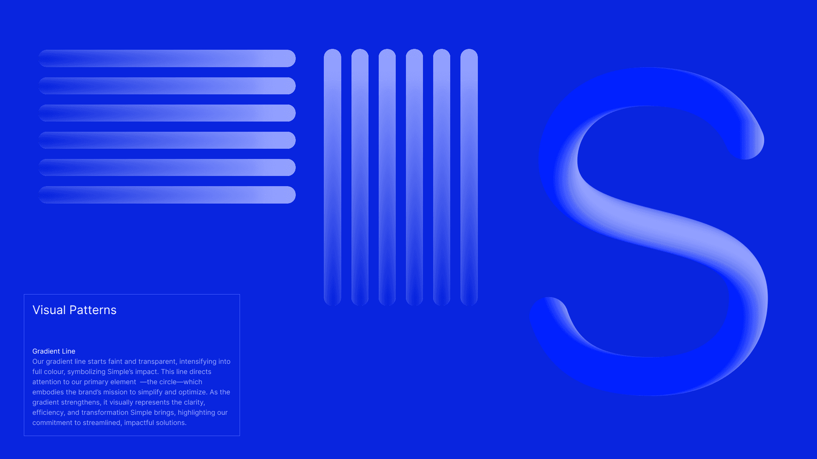 Visual pattern studies: striped and ribbed treatments of the S mark beside a large translucent S