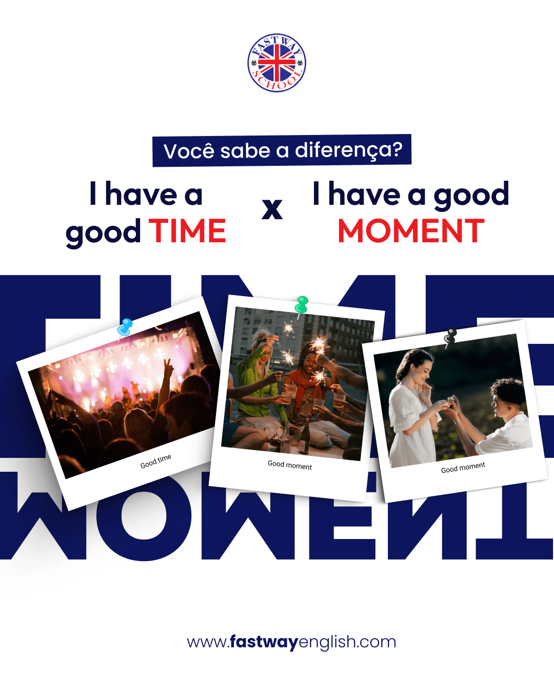 Social post contrasting I have a good time with I have a good moment, illustrated with polaroid snapshots