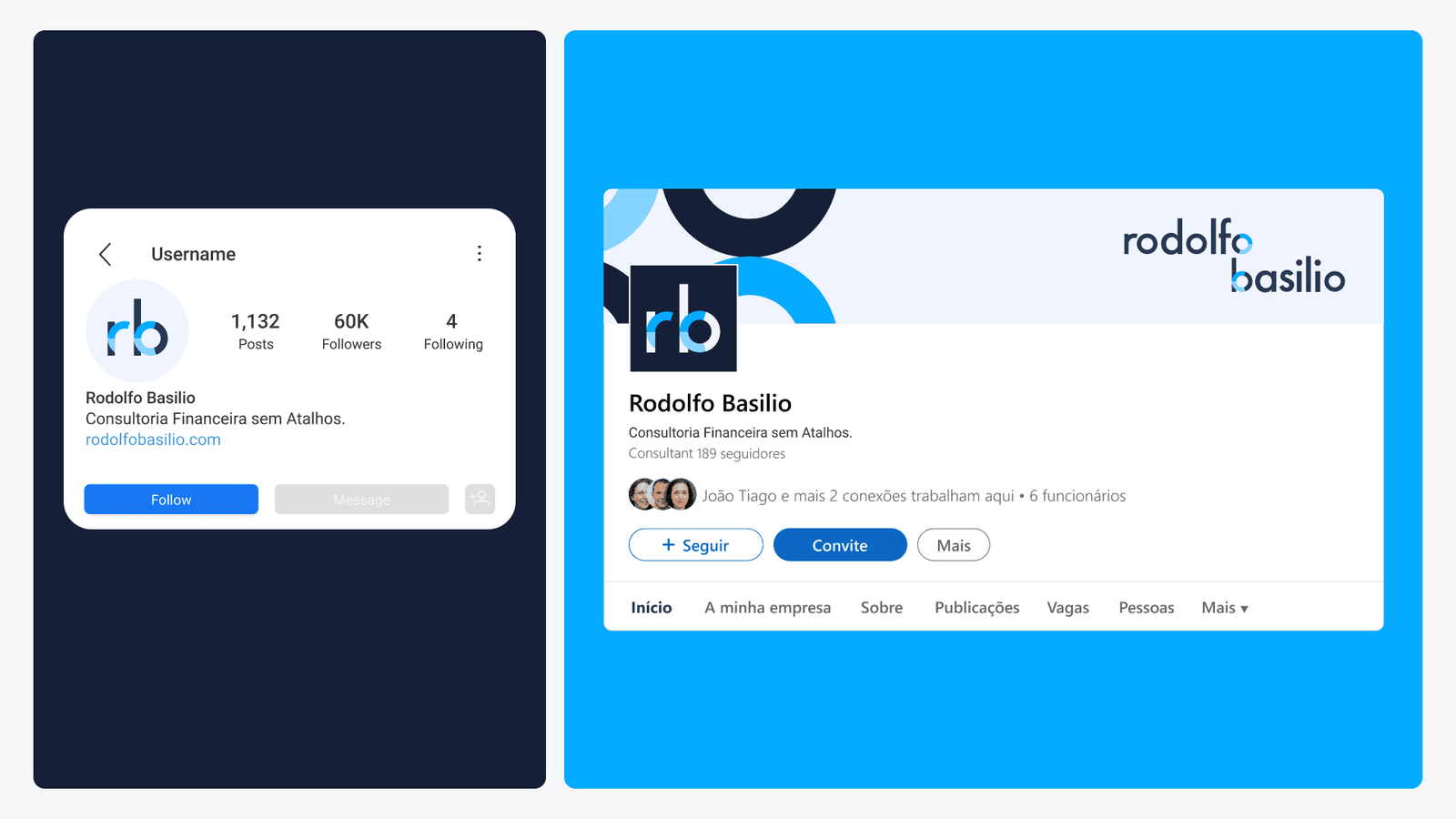 Social profile mockups for Rodolfo Basilio, showing the monogram as an avatar with a cyan branded header