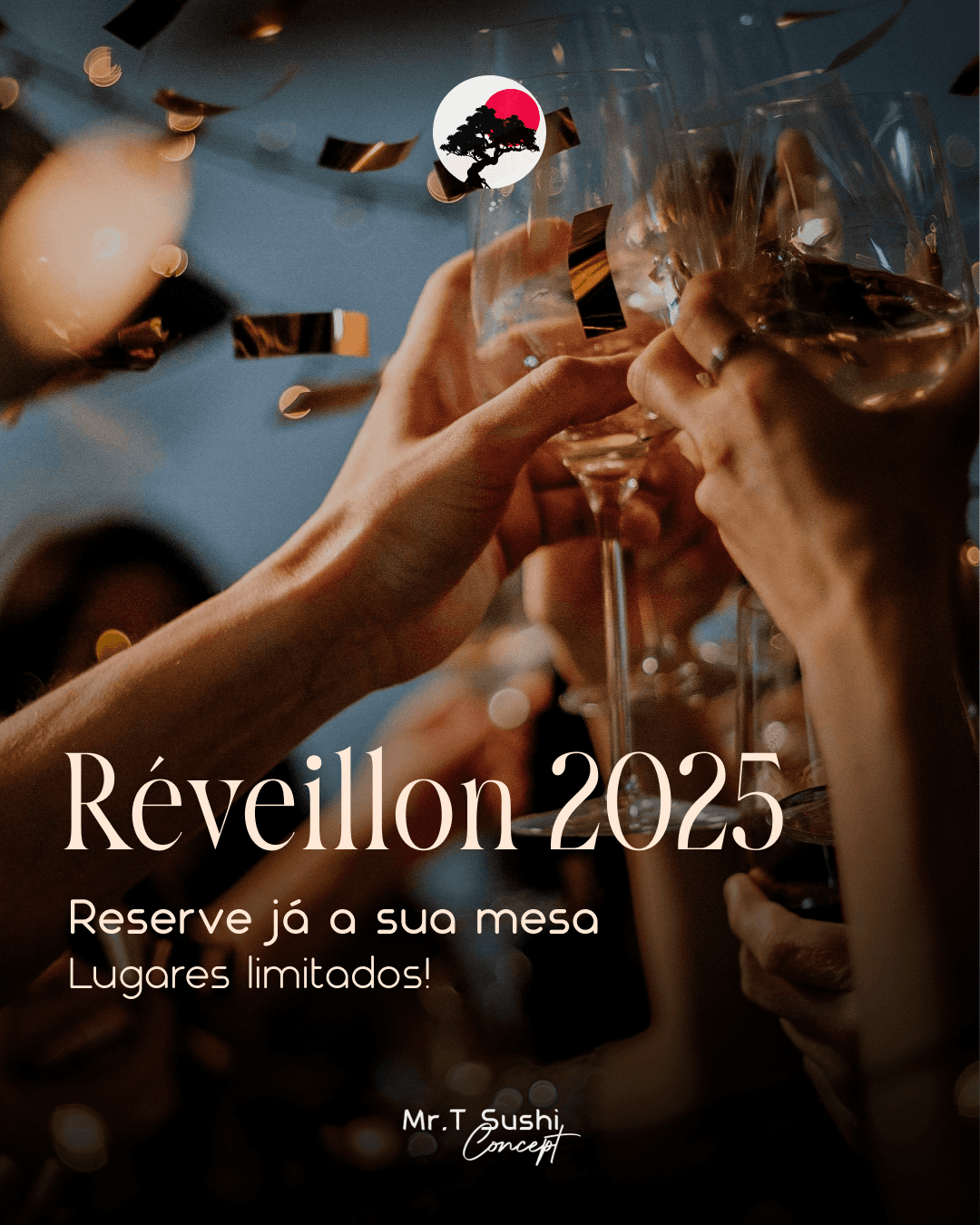 A New Year post for Reveillon 2025, over raised glasses in a champagne toast, inviting table bookings