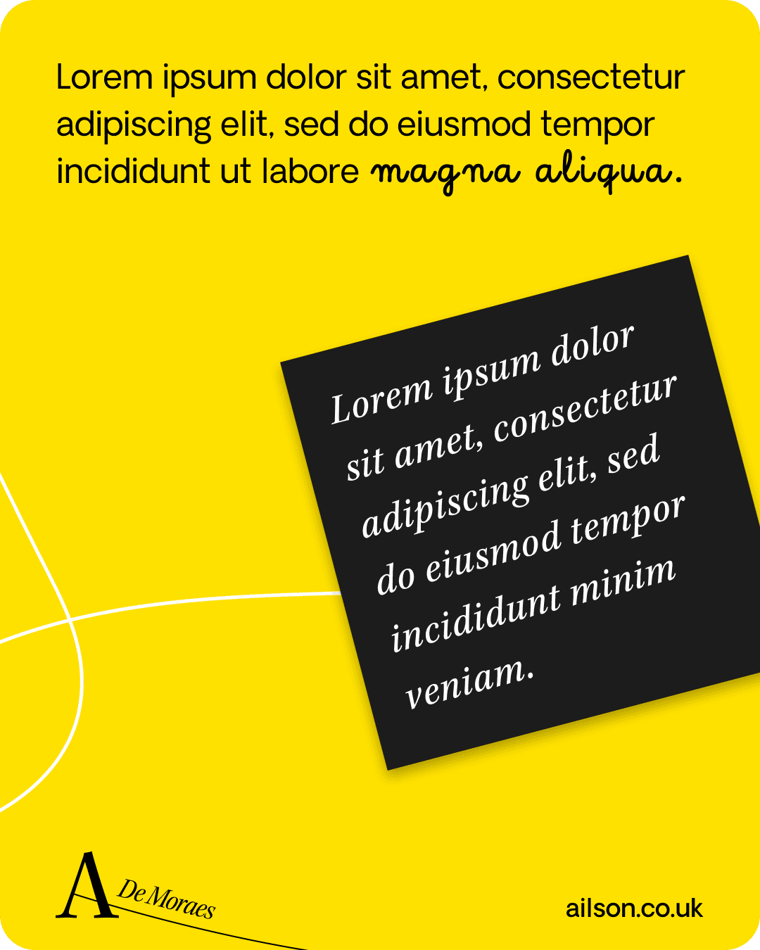 A yellow social post with a tilted black quote card, using placeholder copy