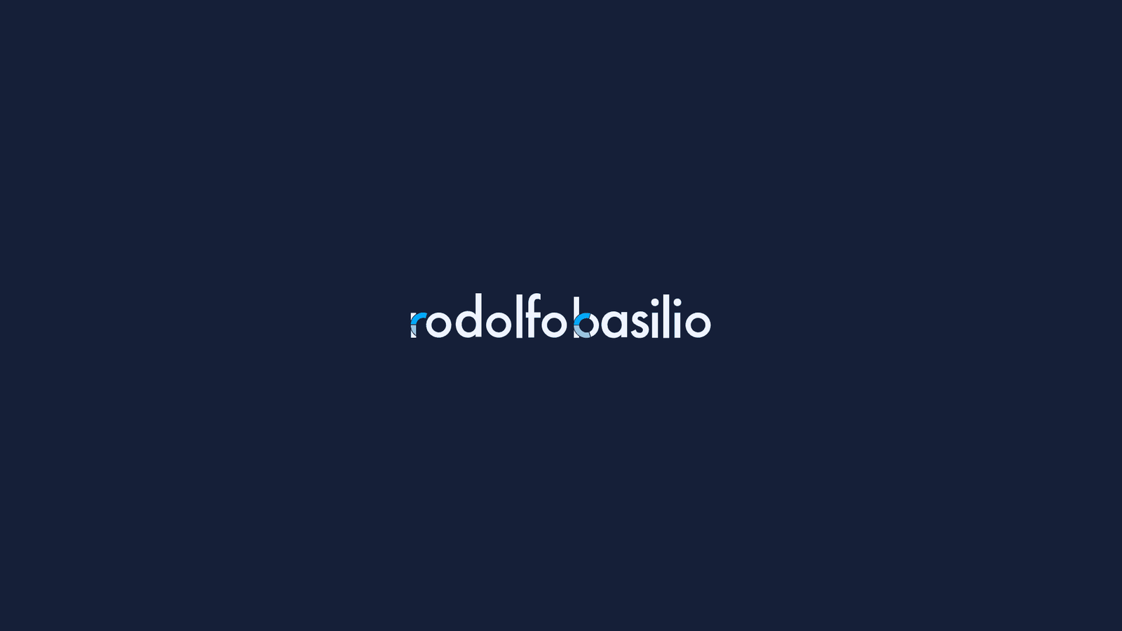 The rodolfo basilio wordmark in white on navy
