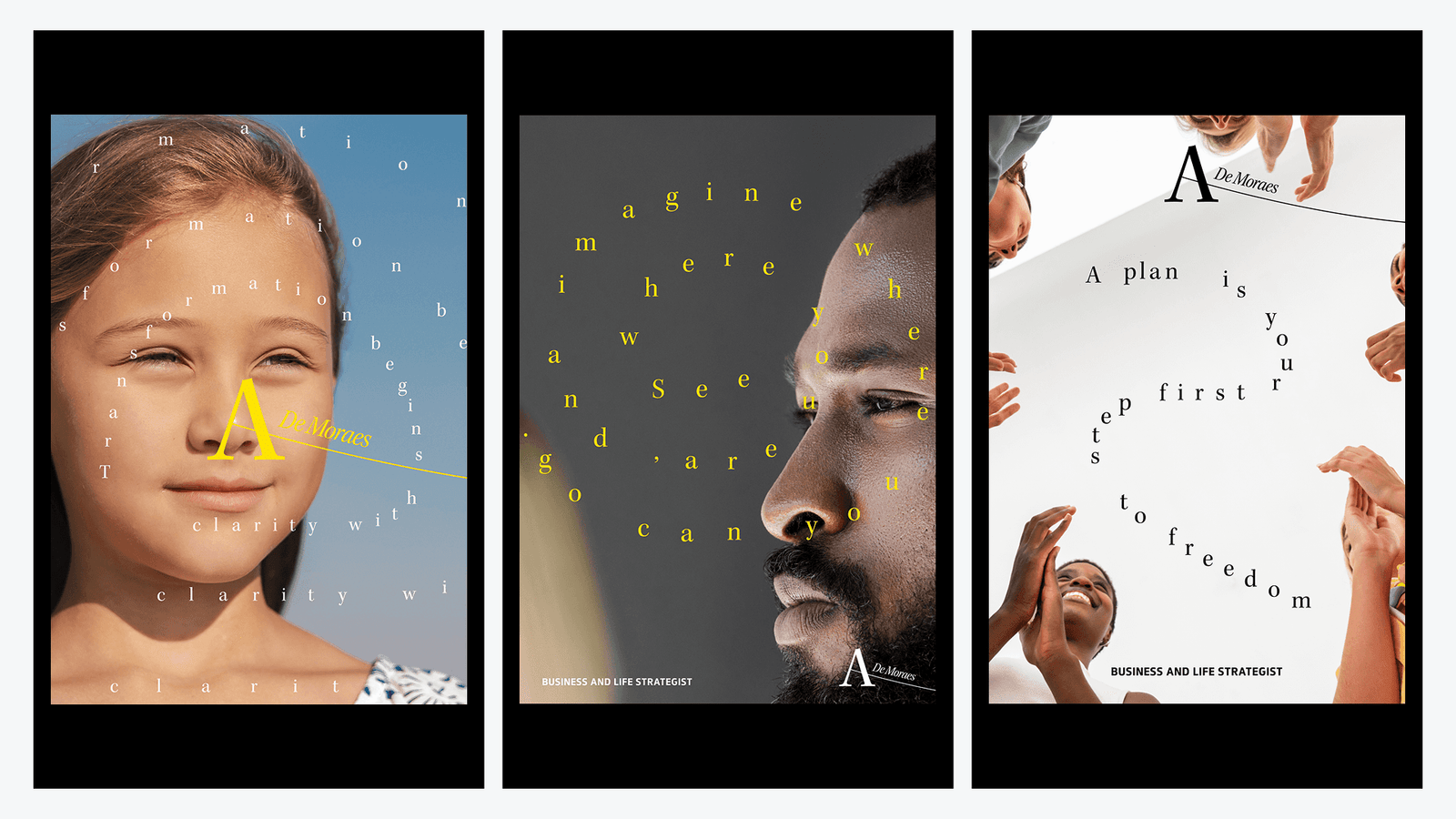 Three campaign posters: a young girl, a portrait overlaid with a yellow dot constellation, and raised hands ringed by circular type