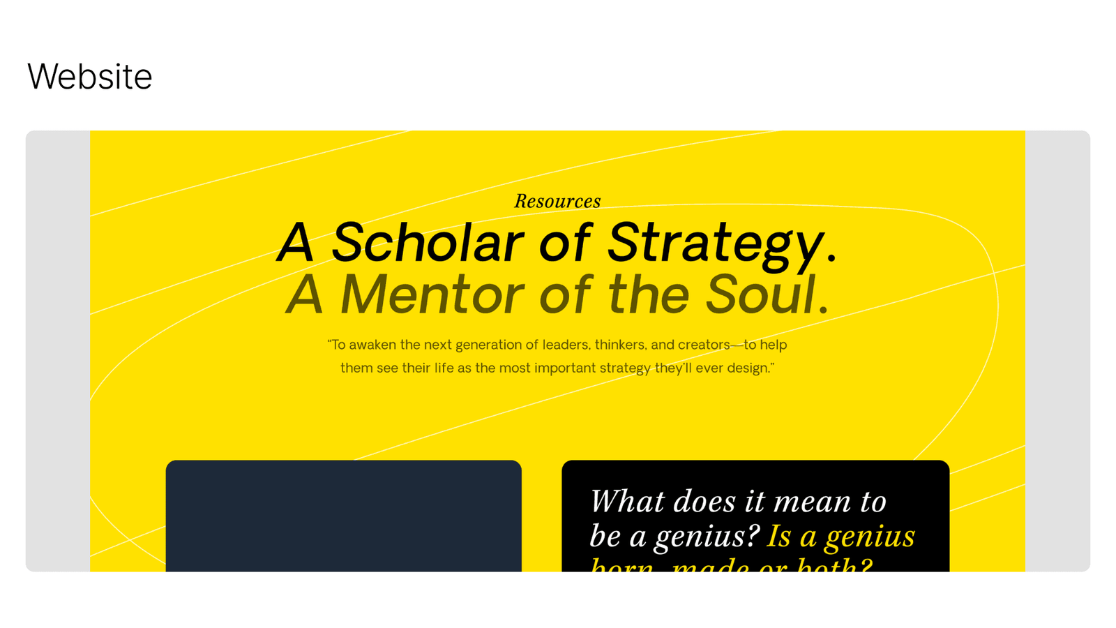 A website page headed A Scholar of Strategy. A Mentor of the Soul., in yellow and black