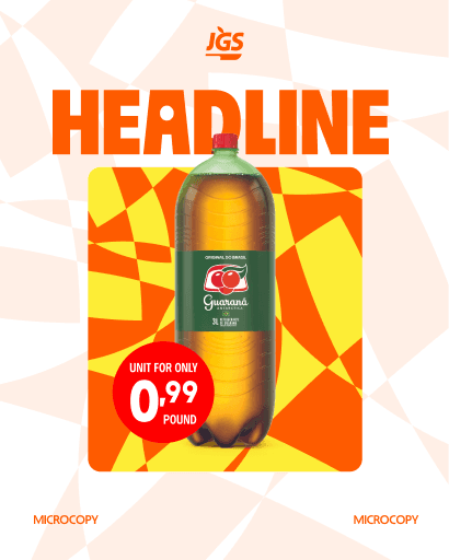 An orange promotional template built around a bottle of Guarana, with placeholder headline copy