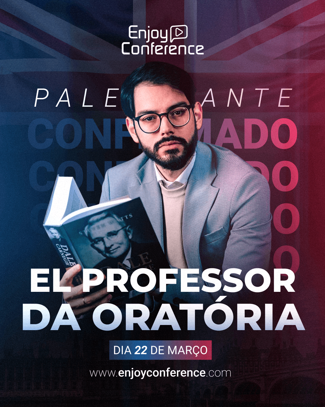 Confirmed-speaker graphic for El Professor da Oratoria, shown holding a book