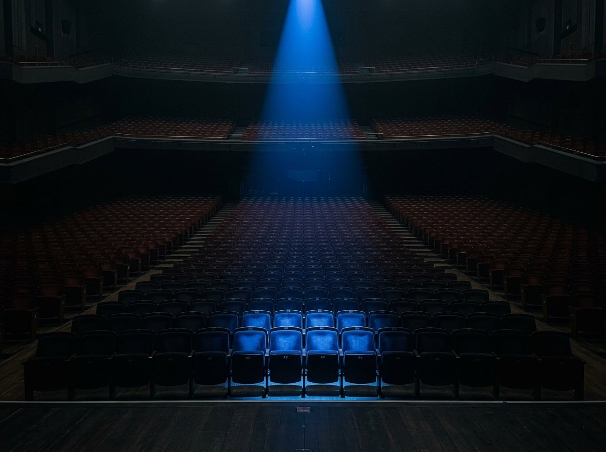 Vast dark auditorium with only a few front-row seats lit by a blue spotlight