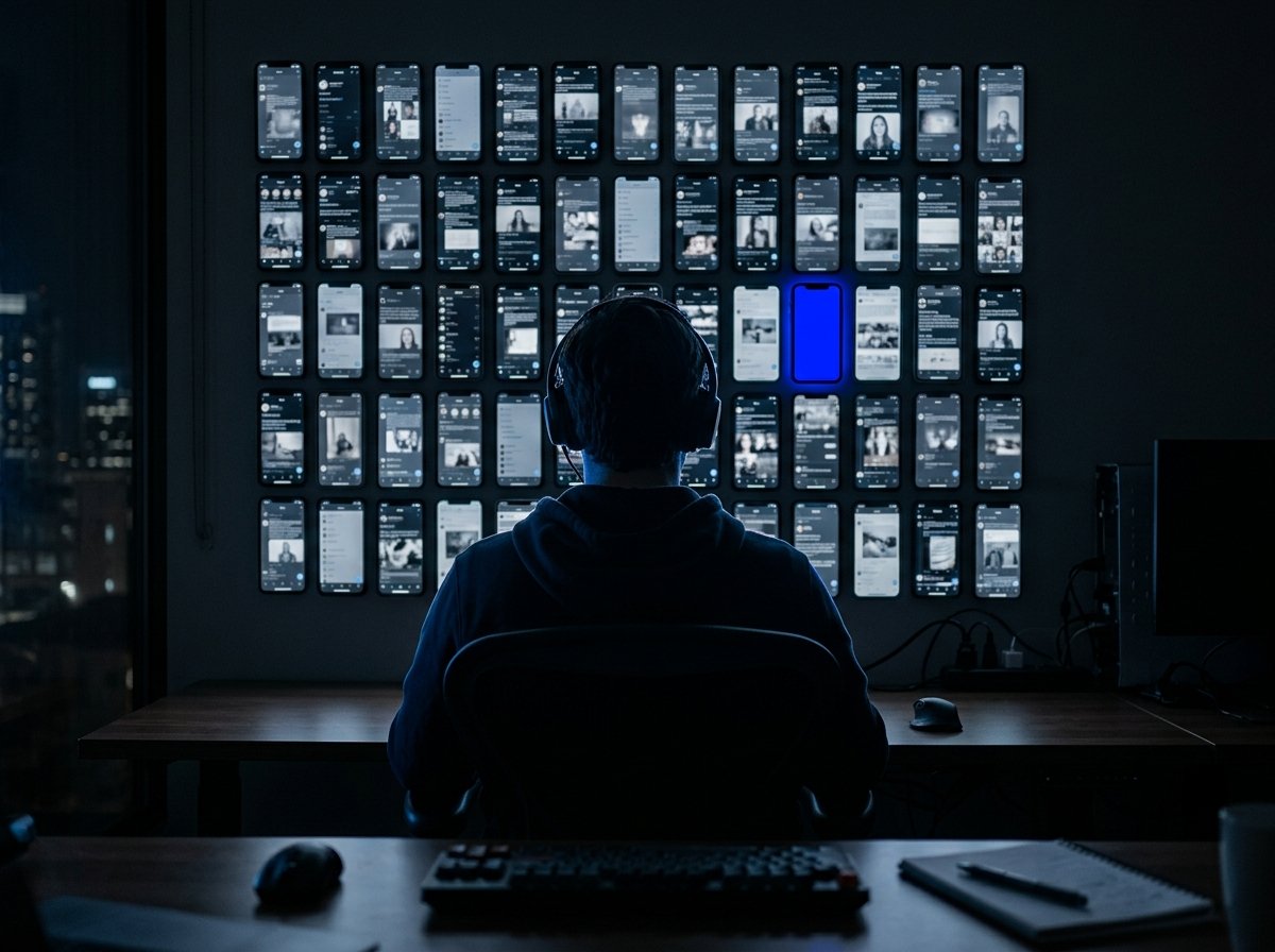 Silhouette facing a wall of glowing social media feeds, one screen lit brand blue