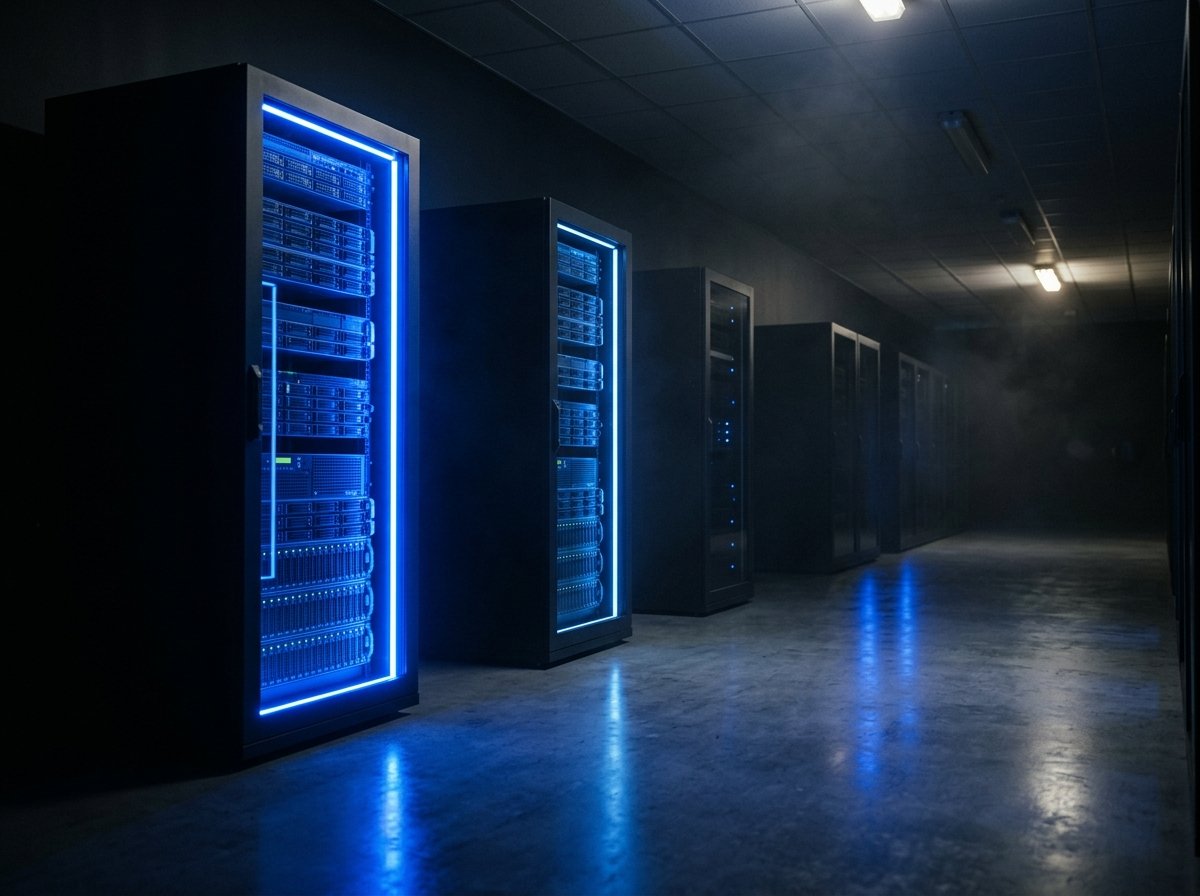 Dark data-centre corridor with three server racks lit at descending intensities