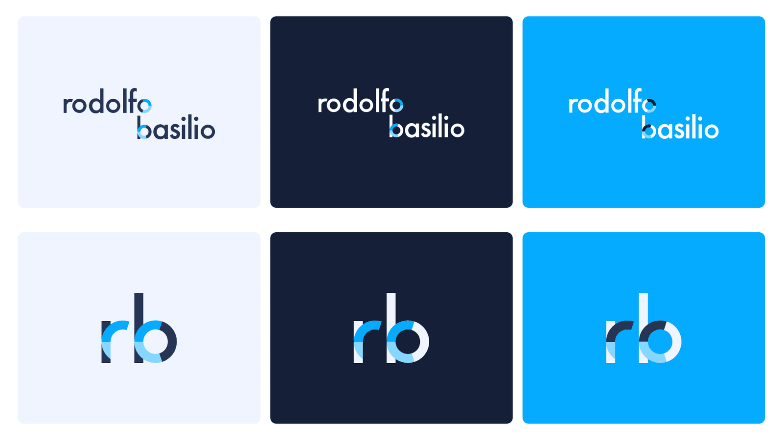 The logo colourways: wordmark and monogram shown across white, navy and cyan backgrounds