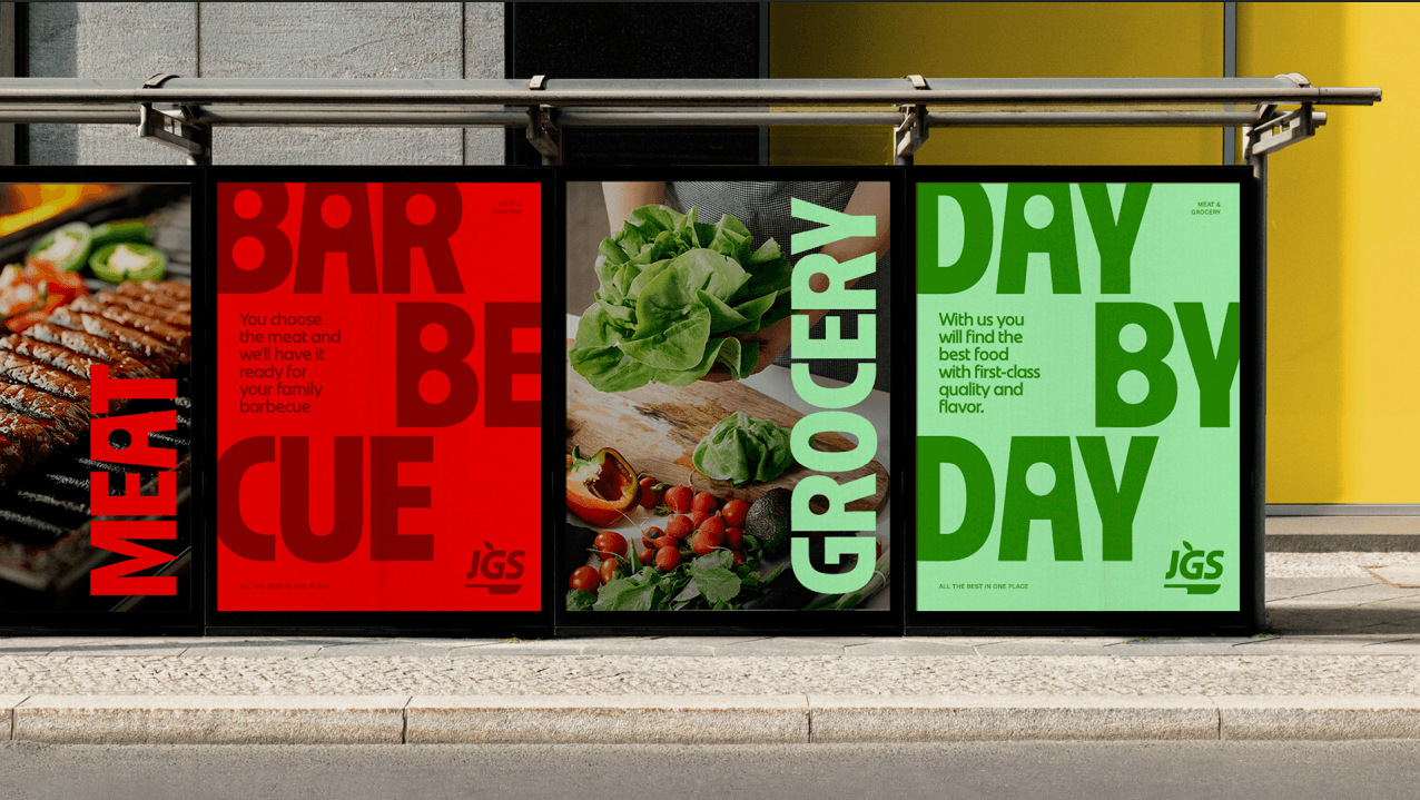 An outdoor poster series in red, green and yellow reading Barbecue, Grocery and Day By Day
