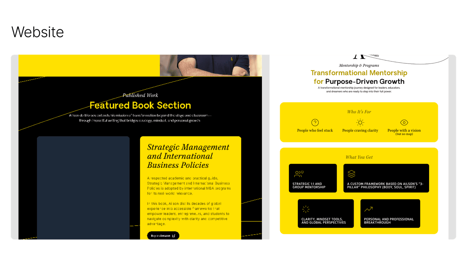 A website page presenting a featured book section and transformational mentoring for purpose-driven growth