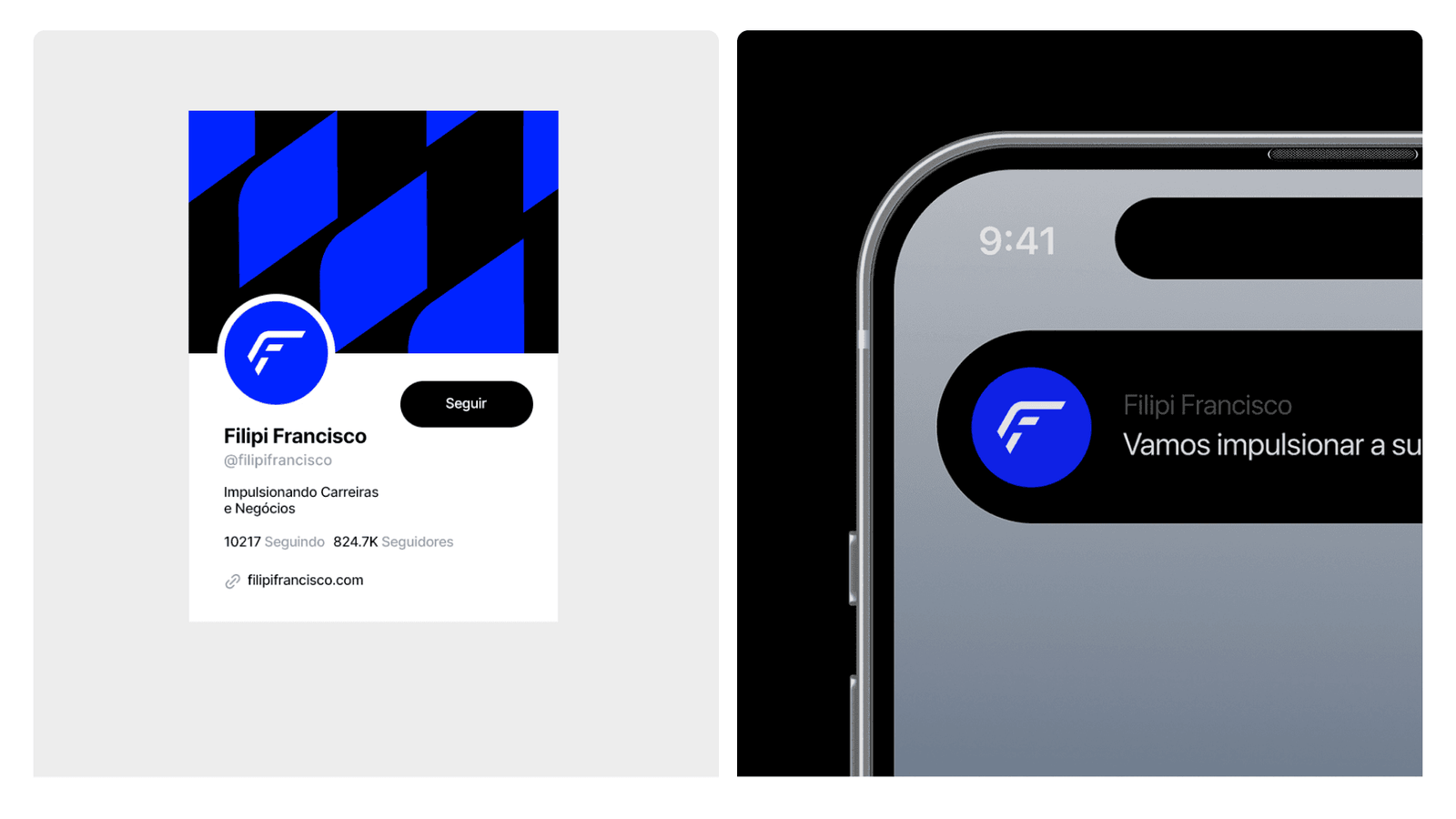 A social profile mockup beside a phone showing the F symbol as an app icon
