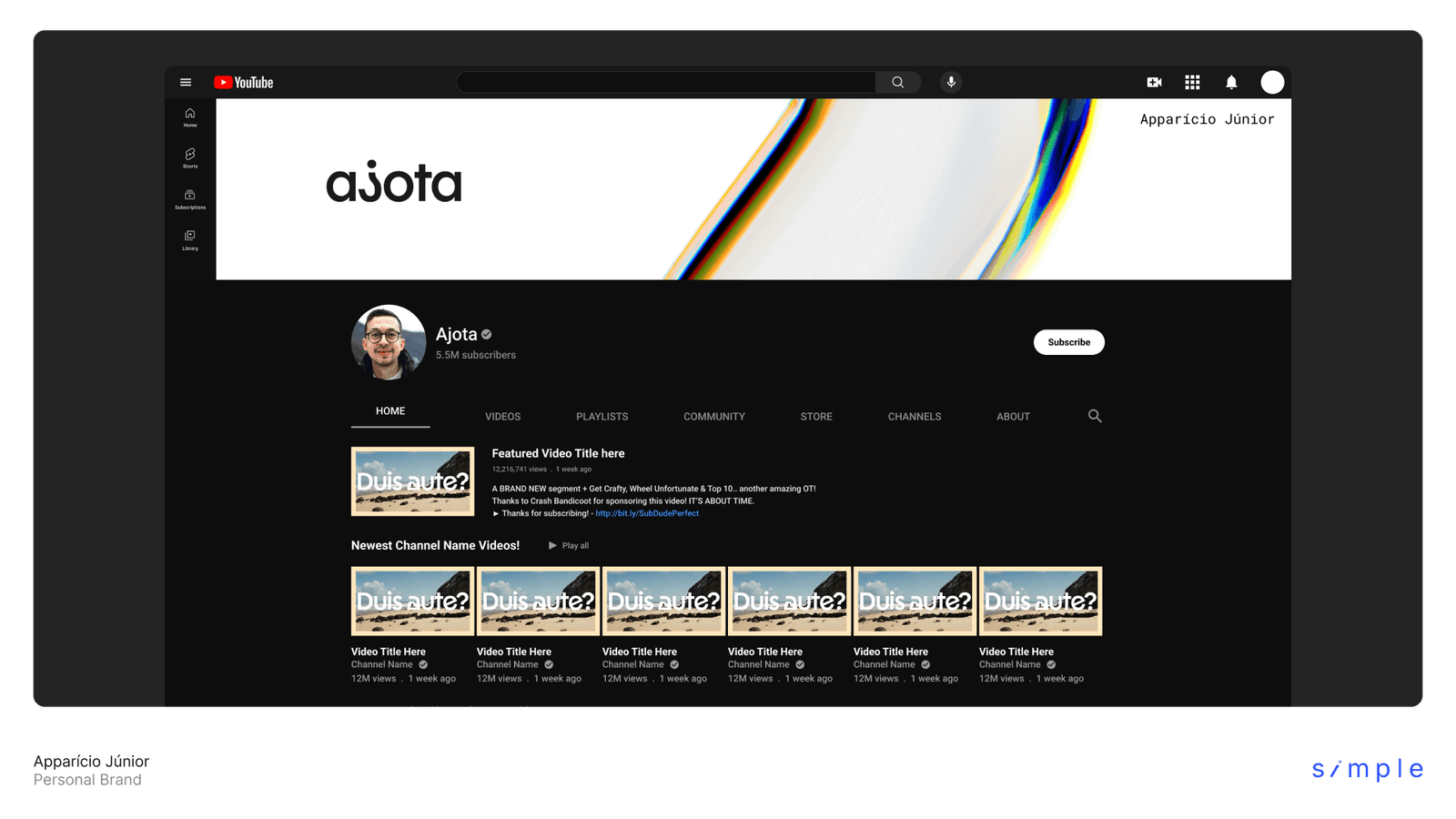 A YouTube channel page mockup branded for ajota