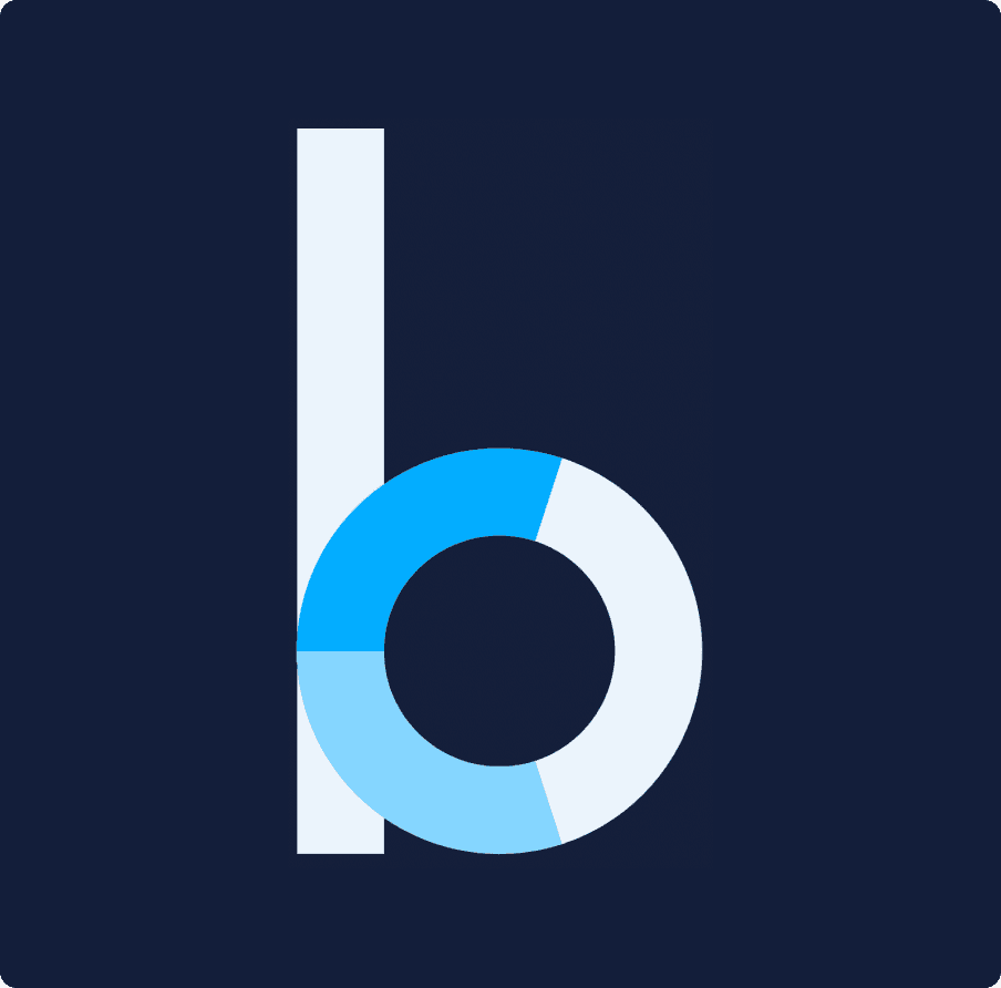A close crop of the monogram, the letter b with a cyan circular counter, on navy