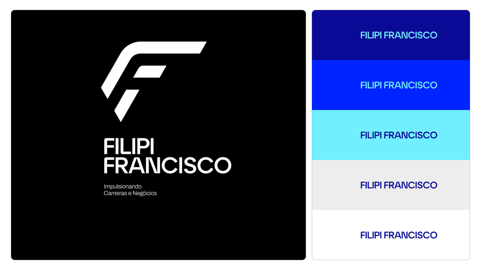 A brand board with the F monogram large on black, beside a scale of blues from navy to cyan