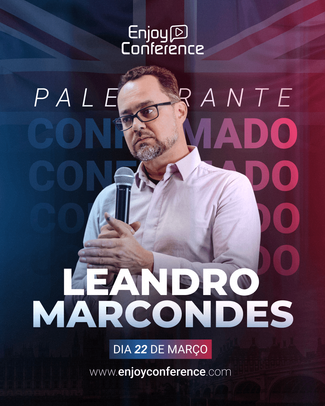Confirmed-speaker graphic for Leandro Marcondes, pictured with a microphone
