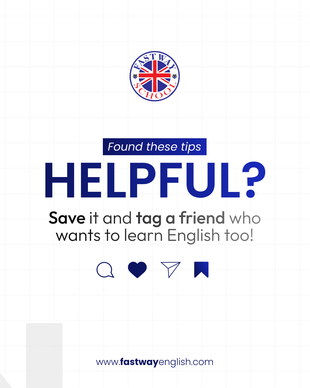 A white call-to-action post asking whether the tips were helpful and inviting readers to save it and tag a friend